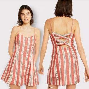 Urban Outfitters Striped Padded Back Linen Mini Party Dress F1